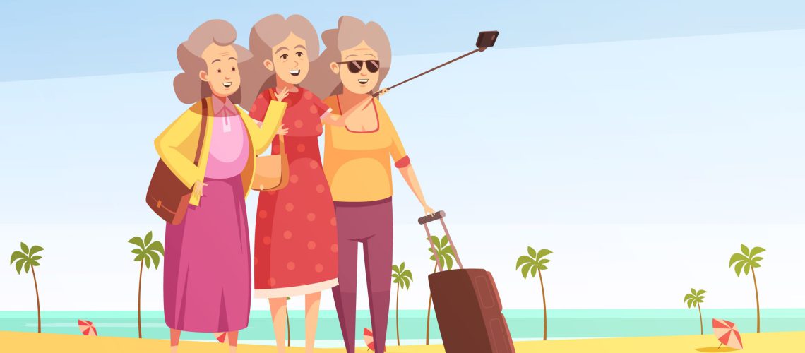 Group of three elderly women with baggage making selfie on south beach background flat vector illustration