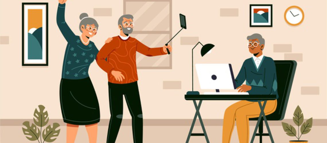 flat-hand-drawn-seniors-using-technology-illustration_23-2148829751